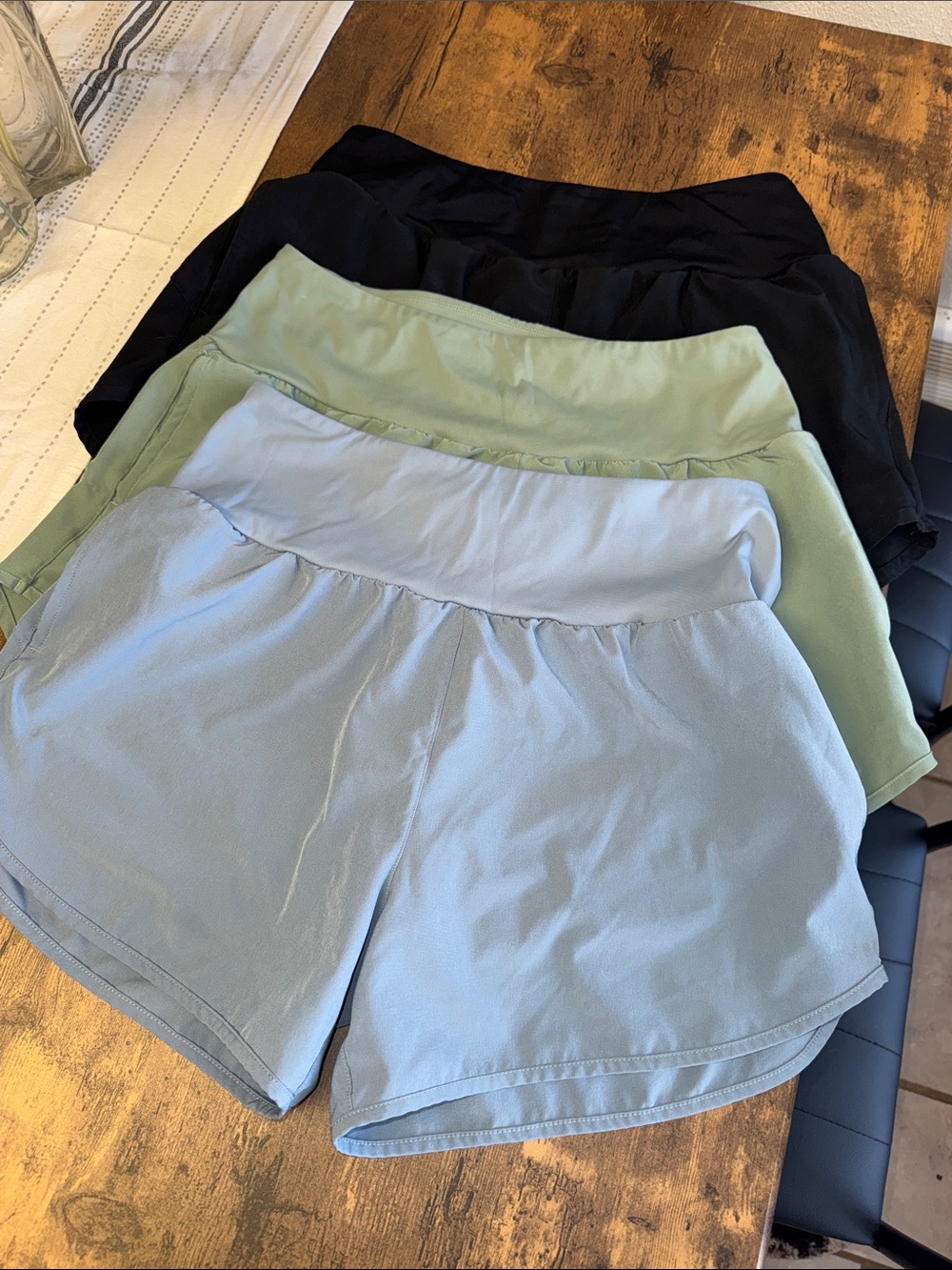 High-Rise Athletic Shorts in Light Blue, Sage, and Black